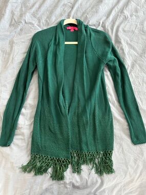 Lilly Pulitzer Deep Green Open-Front Fringe Cardigan